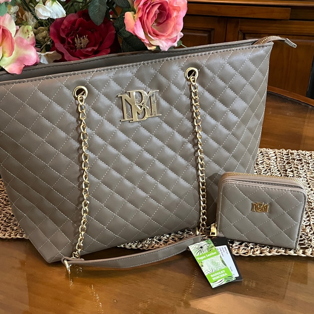 Elegant Badgley Mischa Quilted TaupeTote Bag with Chain Straps & Matching Wallet
